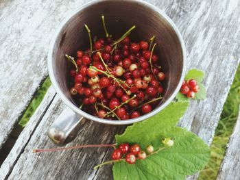 High angle view of strawberries in bowl on table