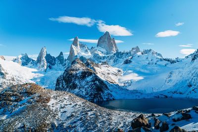 Scenic view of snowcapped mountains against sky