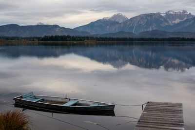 Scenic view of lake by mountains against sky