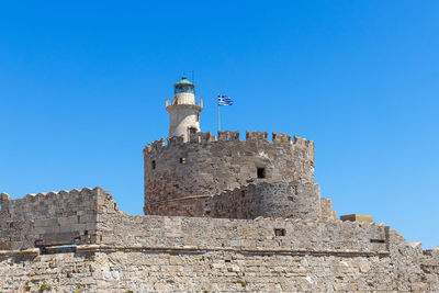 Low angle view of lighthouse against blue sky
