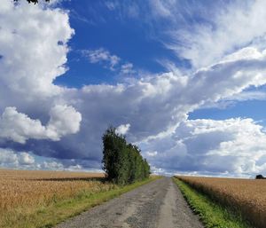 Empty road amidst agricultural field against sky