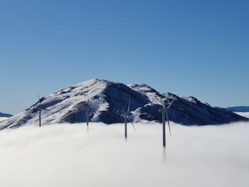 Scenic view of snowcapped mountains against clear blue sky