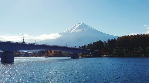 View of bridge over river against blue sky