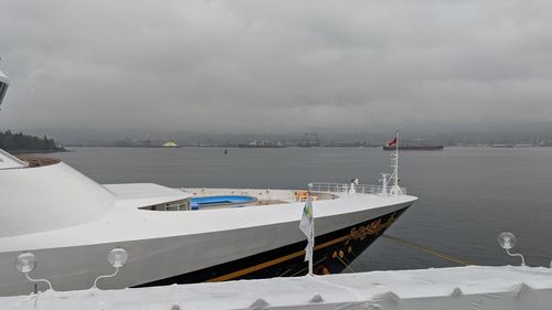 Boats moored in sea against sky