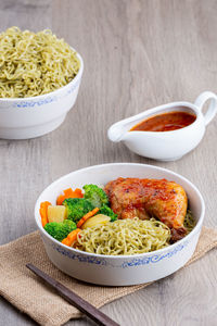 High angle view of salad in bowl on table