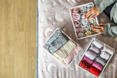 High angle view of gift box on table