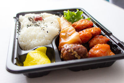 High angle view of food in plate on table