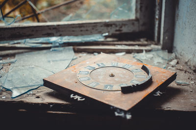 High angle view of clock on window