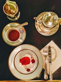 High angle view of drink in plate on table