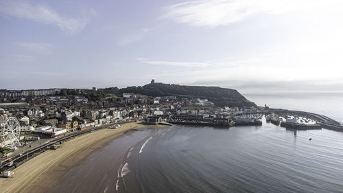 Drone shot of scarborough south bay beach and harbor 
