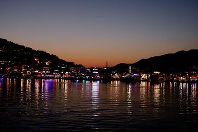 Reflection of illuminated buildings in water at sunset