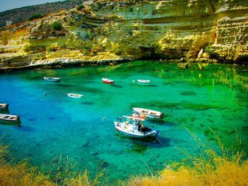 High angle view of boats in sea