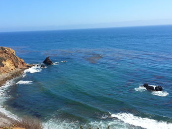 Scenic view of sea against clear blue sky