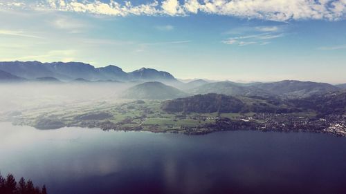 Scenic view of lake and mountains against sky