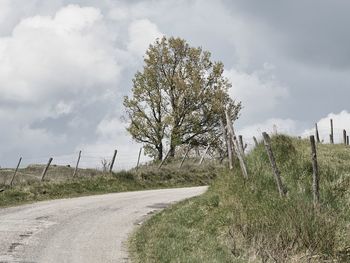 Road by trees on field against sky