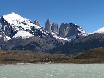 Scenic view of snowcapped mountains against clear sky