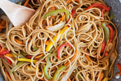 High angle view of pasta in plate