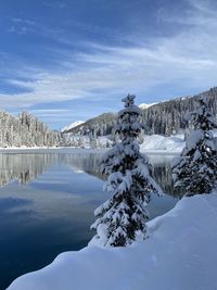 Scenic view of lake by snowcapped mountains against sky