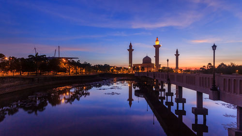 Reflection of temple in lake at sunset