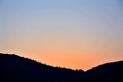 Scenic view of silhouette mountains against clear sky at sunset