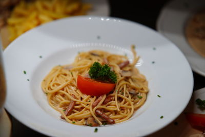 Close-up of noodles served in plate