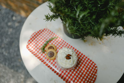 High angle view of dessert served on table