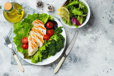 High angle view of food in plate on table