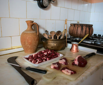 High angle view of food on table in kitchen