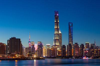 Illuminated modern buildings by river in city against clear blue sky at dusk