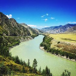 Scenic view of lake against blue sky