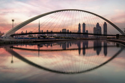 Bridge over river against sky during sunset