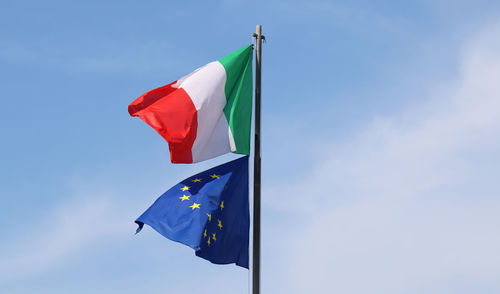 Low angle view of flag against sky