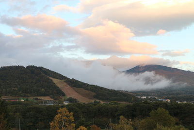 Scenic view of mountains against sky during sunset