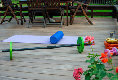 Home training equipment on home yard terrace. fitness at home. healthy and training  concept.