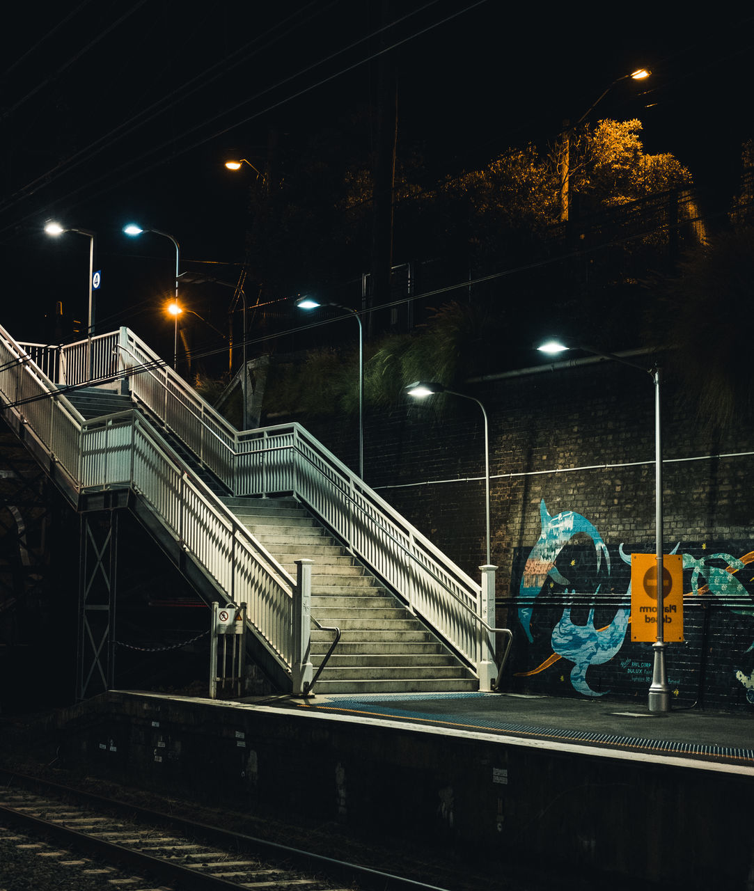 ILLUMINATED RAILROAD STATION PLATFORM BY STREET AT NIGHT