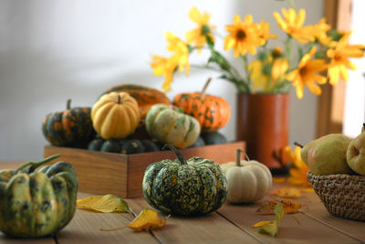 Close-up of pumpkins on table