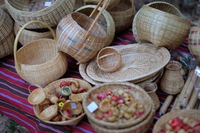 High angle view of wicker baskets for sale in market