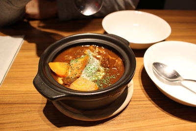 High angle view of soup in bowl on table