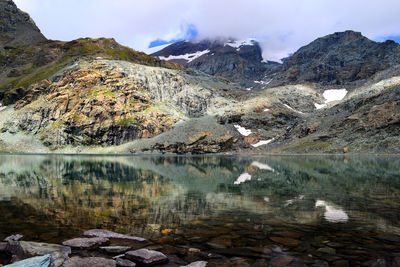 Scenic view of lake by mountain against sky