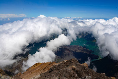 Crater lake and clouds seen from top of mount rinjani