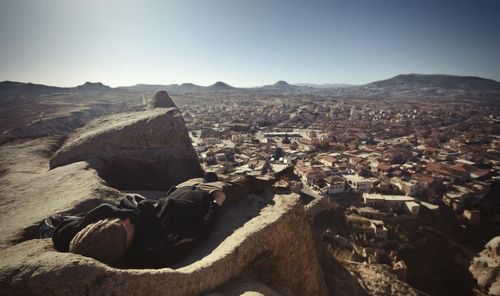 Aerial view of landscape against clear sky