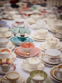 High angle view of tea cups on table