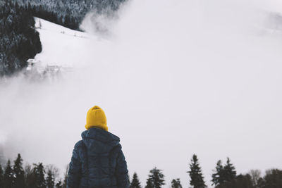 Rear view of person standing by trees against sky