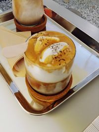 High angle view of ice cream in plate on table