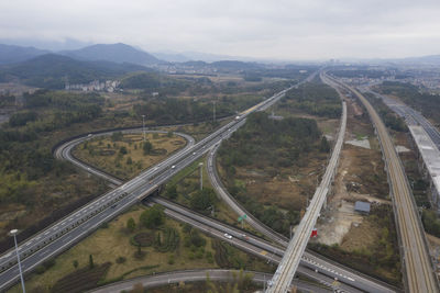 High angle view of highway against sky