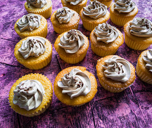 Close-up of cupcakes on a pink table