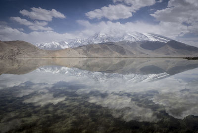 Scenic view of mountains against cloudy sky