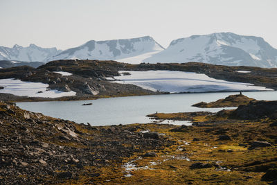 Scenic view of lake and mountains against sky