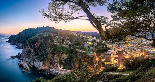 High angle view of townscape against sky during sunset