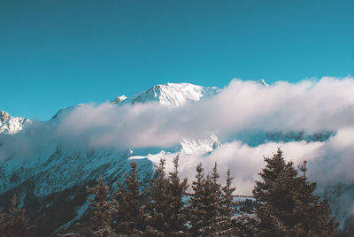 Low angle view of snow covered mountain against clear sky